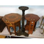 Carved oak pedestal and two octagonal tables