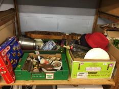 Three boxes of china, bric a brac, Meccano etc.