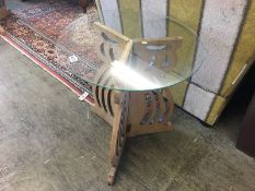 Pair glass top tables, with coffin stand bases