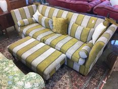 A good quality drop end settee, with pale grey and mustard coloured stripes and a matching