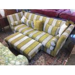 A good quality drop end settee, with pale grey and mustard coloured stripes and a matching