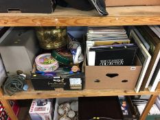 Box of LPs, sewing machine and various pictures