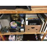 Box of LPs, sewing machine and various pictures