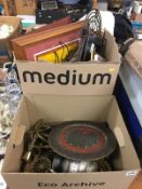 Two boxes of assorted metal wares etc.