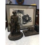 Two Bob Olley figures and a signed print