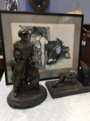 Two Bob Olley figures and a signed print