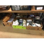 Five boxes of miscellaneous, including picnic hamper, Ringtons and Maling etc.