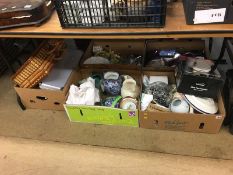 Five boxes of miscellaneous, including picnic hamper, Ringtons and Maling etc.