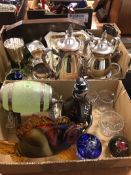 Two boxes of miscellaneous, glassware and silver p