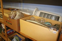A microwave and heater, plus two boxes of miscellaneous, cut glass etc.