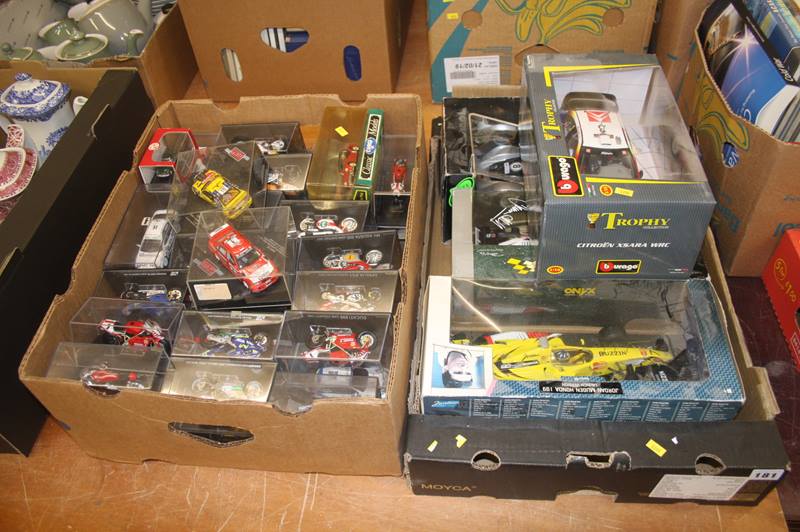 Two boxes; Die Cast models, F1, Moto Grand Prix, rally cars