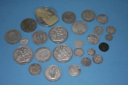 Assorted coins to include Victorian crowns etc.