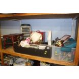 A shelf of miscellaneous, including a Royal Doulton figure and barometer