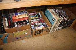 Four boxes of DVDs and CDs, including vinyl records