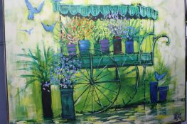 Large oil on canvas, 'Flower cart', Lee Reynolds