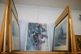 A shelf of framed prints, Terence Cuneo etc.