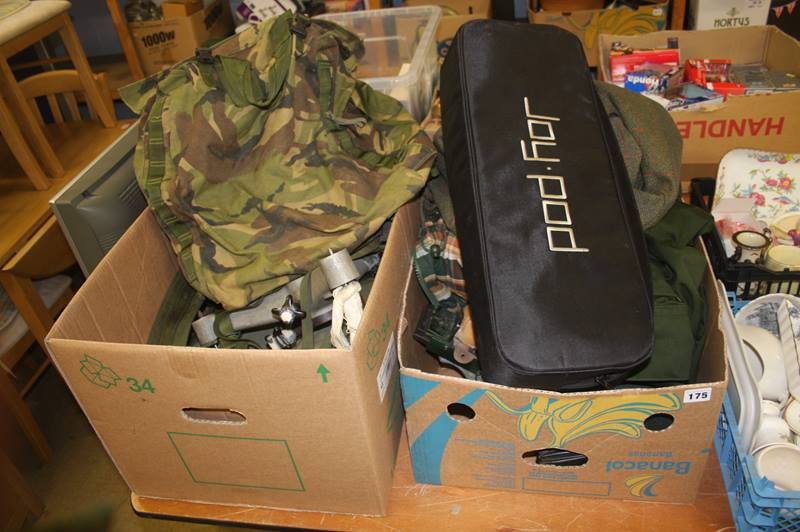Two boxes of assorted, including army Bergen and holdall, tweed coat and shooting accessories