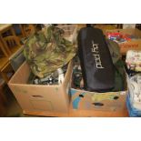 Two boxes of assorted, including army Bergen and holdall, tweed coat and shooting accessories