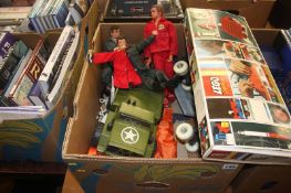 A box of toys, including Lego, Action Man and skateboard