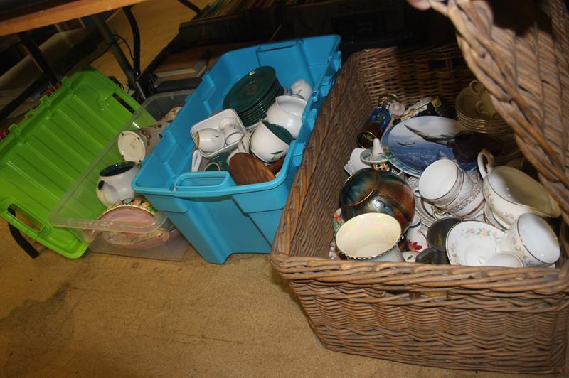 A wicker basket, including two boxes with Denby tea set, various china - Image 2 of 2