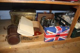 A shelf of miscellaneous, including pewter tankards