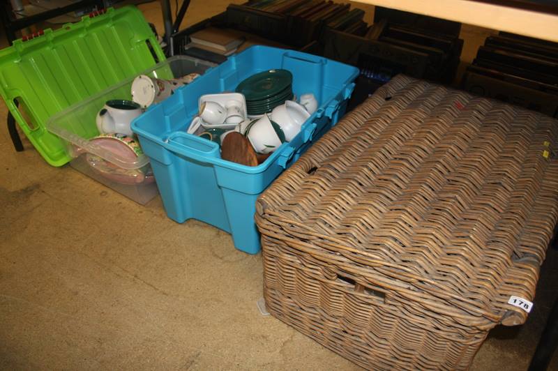 A wicker basket, including two boxes with Denby tea set, various china