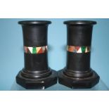 A pair of slate and pietra dura inlaid vases, inset with mother of pearl, malachite marble etc. 13cm