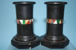 A pair of slate and pietra dura inlaid vases, inset with mother of pearl, malachite marble etc. 13cm