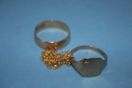 Two 9ct gold rings and a chain, 6.6g