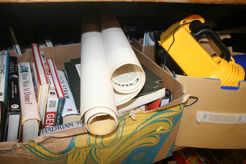 A shelf of books, including Halogen lantern and posters - Image 2 of 2