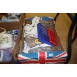 Five boxes of miscellaneous, including glass, china and silk scarves etc.