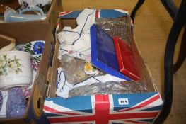 Five boxes of miscellaneous, including glass, china and silk scarves etc.