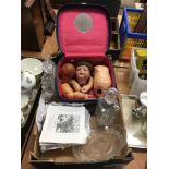 Quantity of miscellaneous, glassware, decorative plates and doll in one box