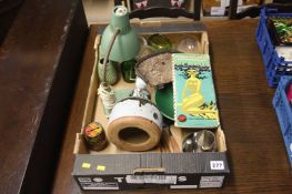 A box of miscellaneous, including a map of Copenhagen and desk lamp