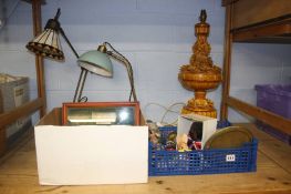 Two boxes of assorted, lamps, Pendelfin etc.
