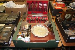 Two boxes of miscellaneous, including a canteen of cutlery