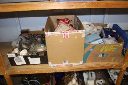 A shelf of assorted, silver plate etc.