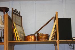 A shelf of assorted, copper bed pan etc.