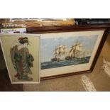 Two framed pictures; Warships and Japanese Lady