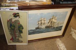 Two framed pictures; Warships and Japanese Lady