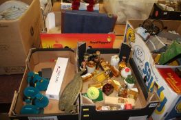 Three boxes of assorted, including whisky miniatures and games