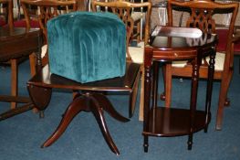 Occasional table, corner table and a velvet upholstered stool