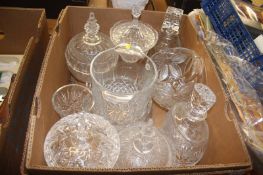 A box of cut crystal and decanters