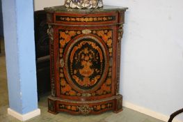 A Continental marble top inlaid corner cabinet