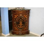 A Continental marble top inlaid corner cabinet