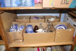 A shelf of assorted, including Ringtons blue and white china etc.