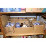 A shelf of assorted, including Ringtons blue and white china etc.