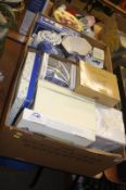 Two boxes of Ringtons blue and white china etc.