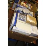 Two boxes of Ringtons blue and white china etc.