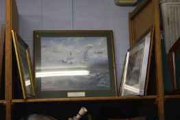 A shelf of framed Concorde and Cunard pictures /prints